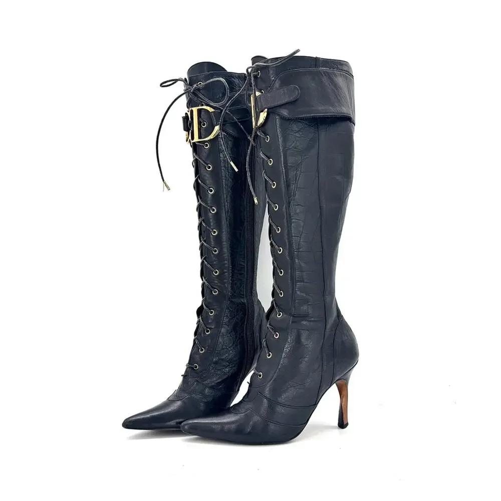 Vintage Christian Dior Fall 2000 CD Croc Emboss Pointed Toe Knee High Boots 37.5 - Picture 1 of 8